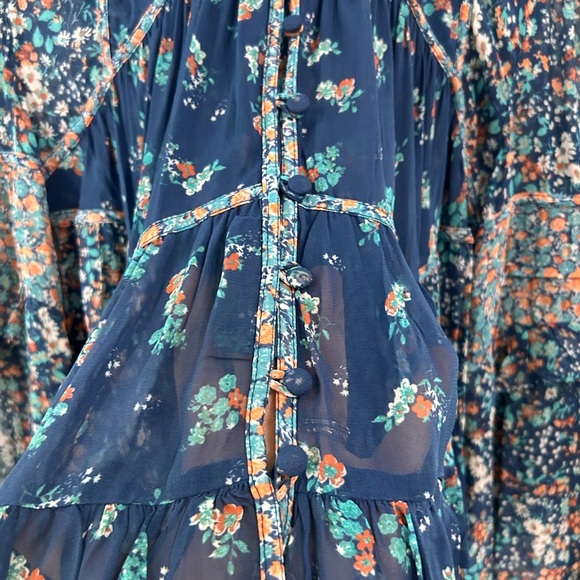 Anthropologie Sheer Babydoll Blouse Blue Floral Sm Festival Boho Hippie Cowgirl - Picture 6 of 11